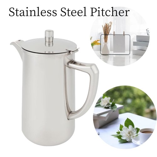Stainless Steel Pitcher with Handle, Insulated Cold Beverage Jug Water Pitcher 60.35oz / 1.8 Liter Large Capacity Water Kettle with Lid for Hot/Cold Beverages Tea Milk Juice