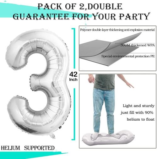 GOER Silver Foil Number 3 Balloons - Huge 42 Inch Birthday Party Decorations (3 Pack)