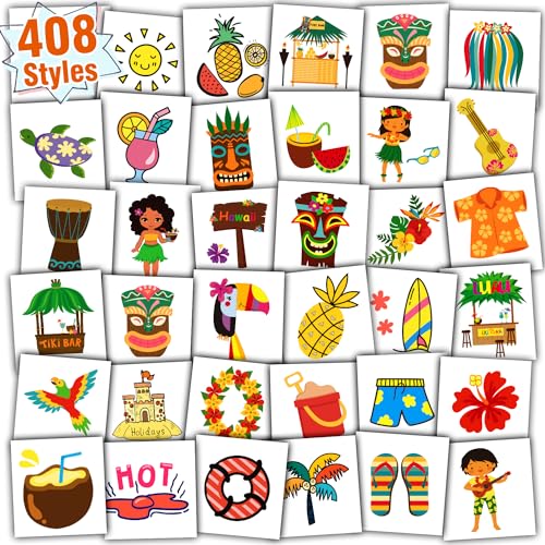 Partywind Hawaiian Temporary Tattoos for Kids, 408 Individually Wrapped Sheets