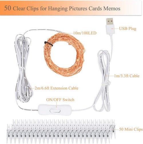 Decute 100 LED String Lights - 50 Photo Clips for Hanging Pictures | 33FT Warm White Fairy Lights for Bedroom, Wedding, Christmas Decor
