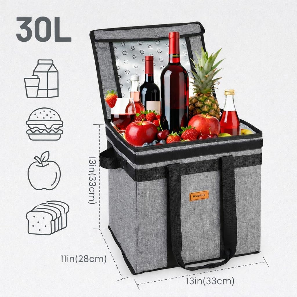 Musbus Insulated Grocery Tote Bag - Reusable, Foldable Cooler with Lid, 30L Capacity, Water-Resistant