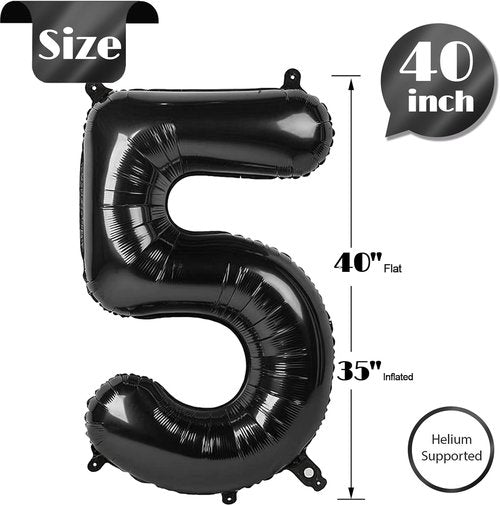 Black Number 5 Balloon - 40 Inch Giant Foil Balloon for 5th Birthday Party Decorations