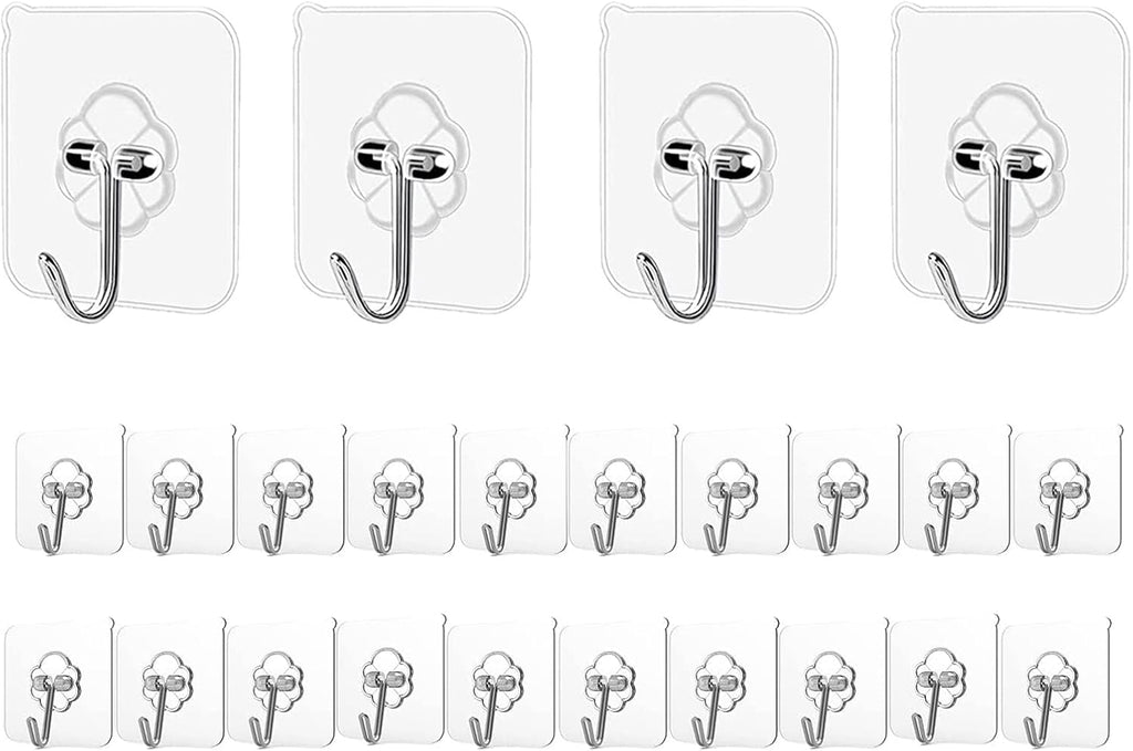 Adhesive Hooks | Heavy-Duty 24-Pack Transparent Wall Hooks - 24lb Max, Waterproof & Nail-Free for Home Use