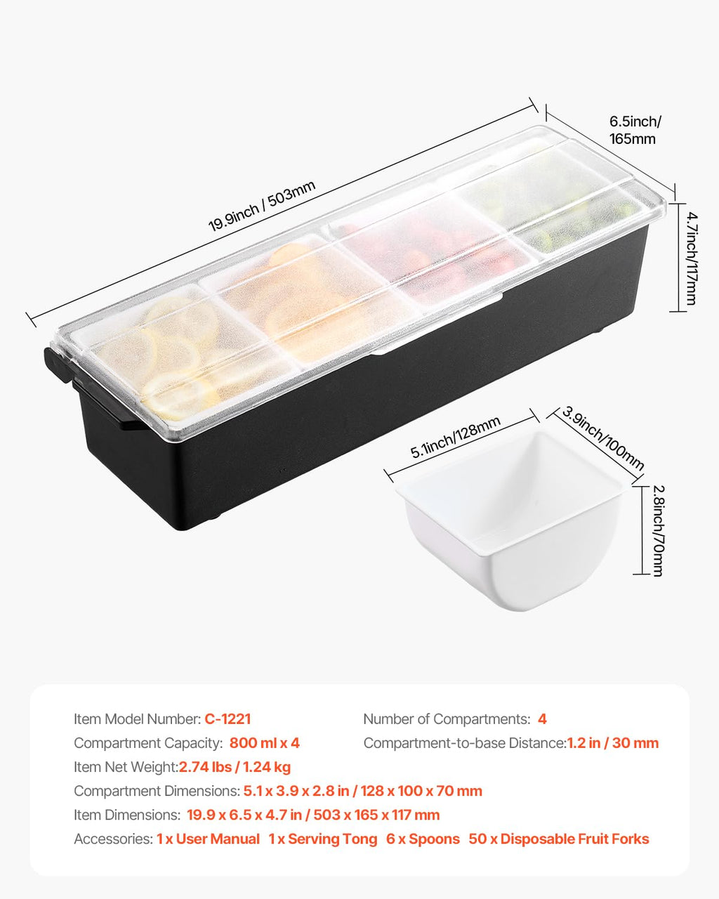 VEVOR Chilled Condiment Server, 4 Compartment Ice Cooled Condiment Serving Container, Chilled Garnish Tray Bar Caddy with Lid, for Bartending & Serving Taco, Salad, Fruit, Home & Restaurant Supplies