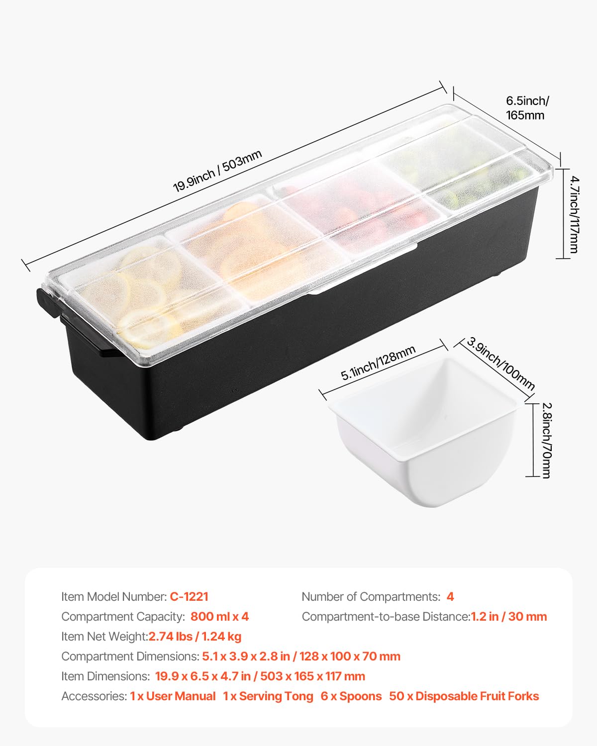 VEVOR Chilled Condiment Server, 4 Compartment Ice Cooled Condiment Serving Container, Chilled Garnish Tray Bar Caddy with Lid, for Bartending & Serving Taco, Salad, Fruit, Home & Restaurant Supplies