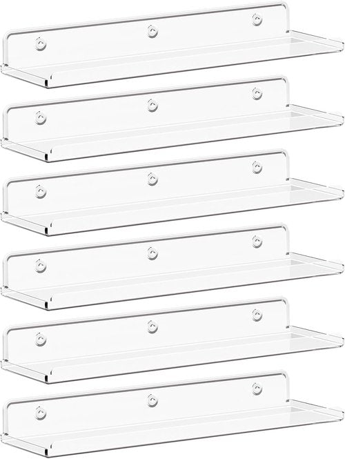 Lifewit Floating Shelves - Acrylic Wall Organizer for Perfume & Makeup | 14" Clear Display Rack (6 Pack)