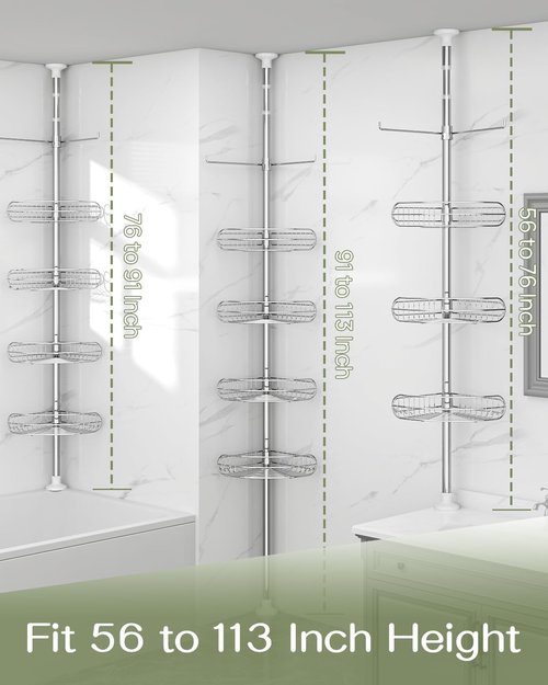 ALLZONE Corner Shower Caddy - Adjustable 4-Tier Rustproof Bathroom Organizer | Tension Mounted, 56-113 Inch Height, Silver
