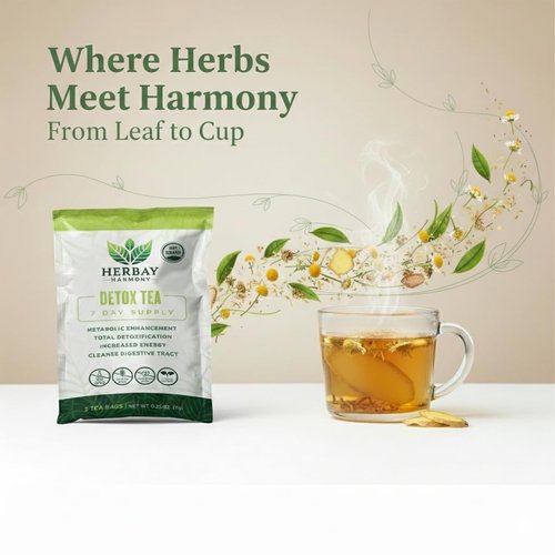 Herbay Harmony Organic Detox Tea – Caffeine-Free Herbal Cleanse for Bloating Relief, Digestive Tea & Natural Body Detox, Organic Herbal Blend with Ginger, Chamomile & Papaya (4 Pack (4‑Week Detox Kit)