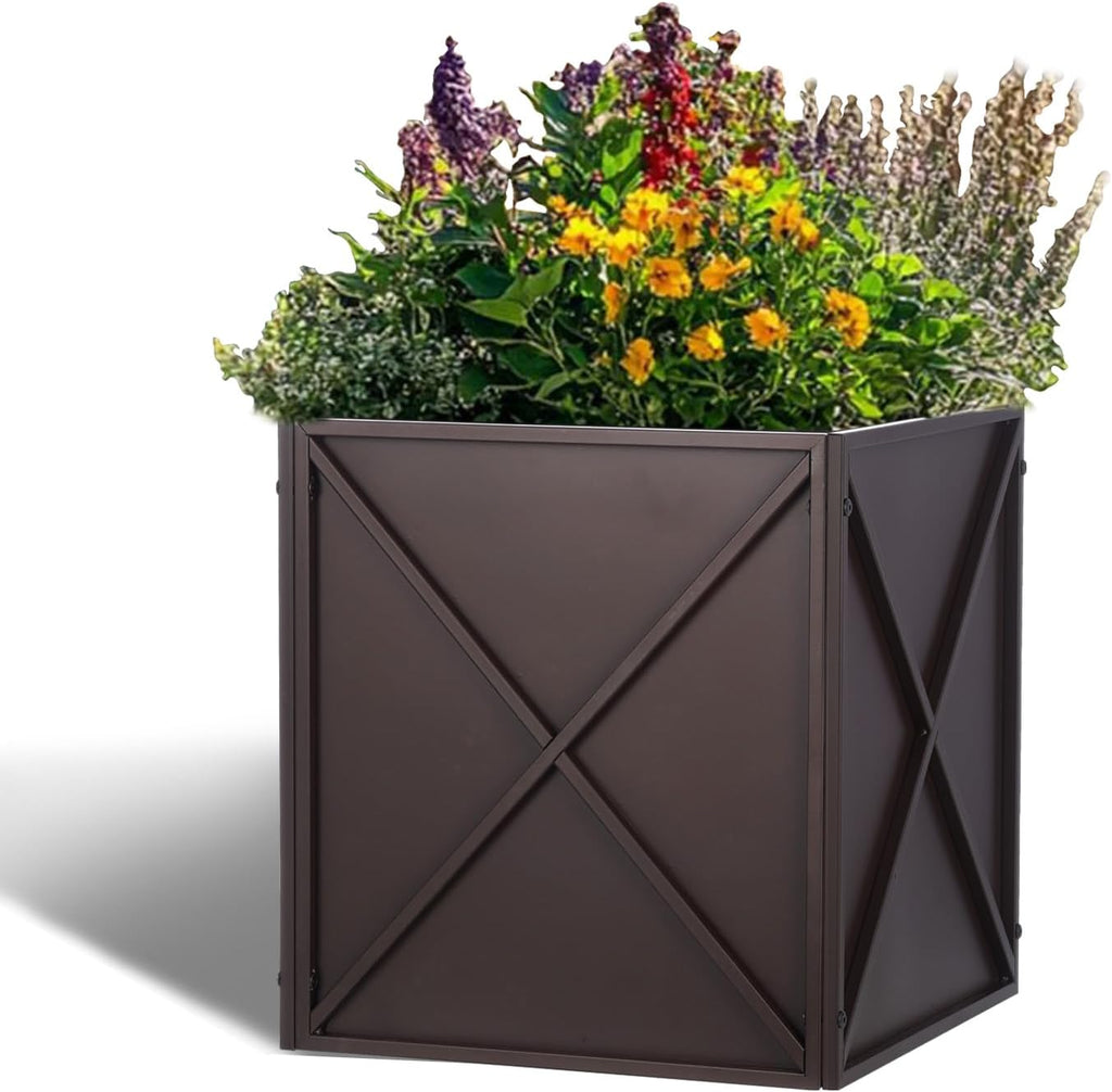 SUNNYPARK Large Metal Planter Box - 17”x17”x18” | Heavy-Duty Modern Brown Design with Drainage Holes for Outdoor Gardens