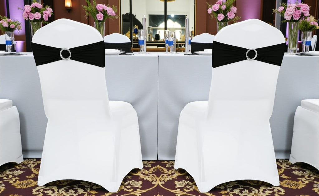 MDS Premium Stretch Chair Sashes - Pack of 50 Elastic Covers with Buckle Slider | Black for Weddings & Events