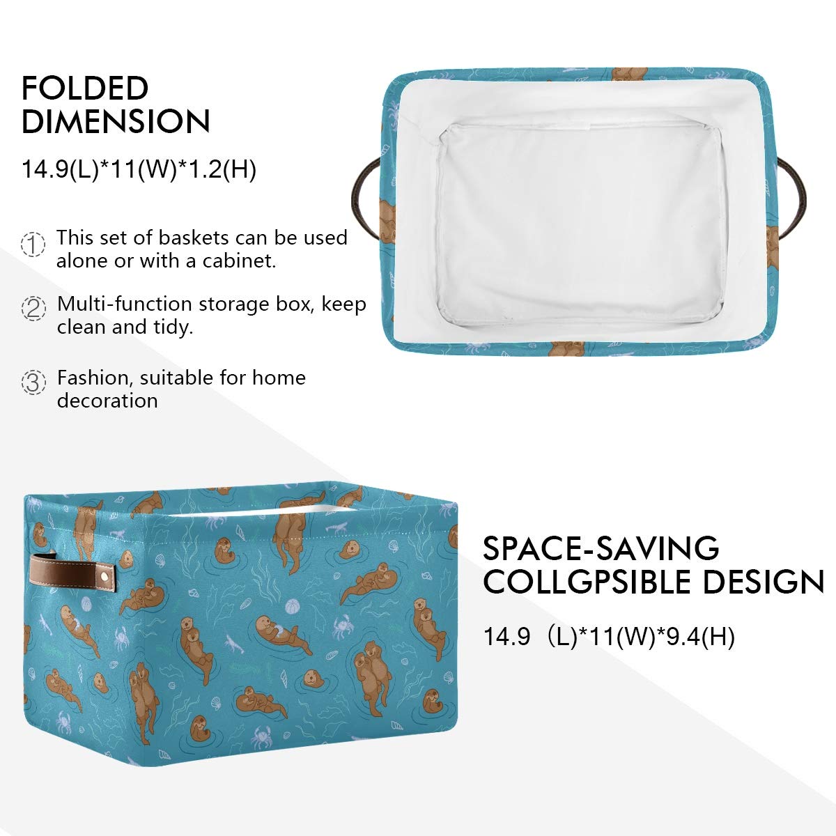 Storage Basket Cube Sea Animal Otter Coral Large Collapsible Toys Storage Box Bin Laundry Organizer for Closet Shelf Nursery Kids Bedroom,15x11x9.5 in,1 Pack