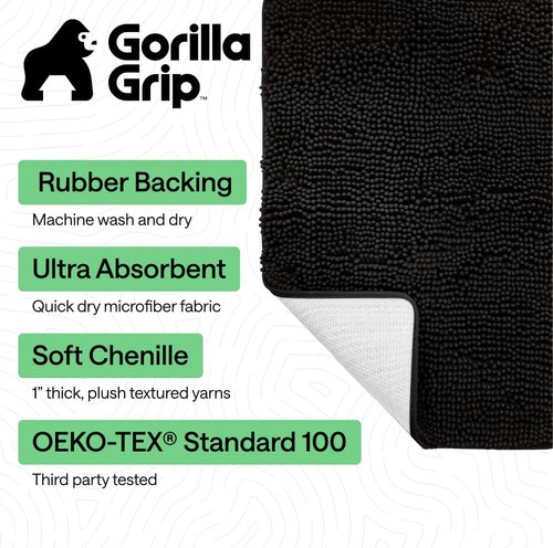 GORILLA GRIP Bath Rug Mat - Thick Soft Absorbent Chenille | Quick Dry Microfiber, 48x24, Black