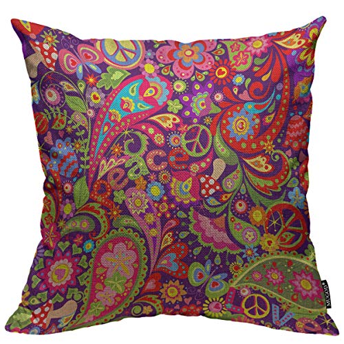 Mugod Hippie Floral Throw Pillow Cover, Colorful Abstract 18x18 Cotton Linen