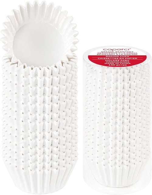 Caperci Cupcake Liners - Heavy Duty Grease-Resistant Baking Cups, 150 Count, Odorless, Easy Peel (White)