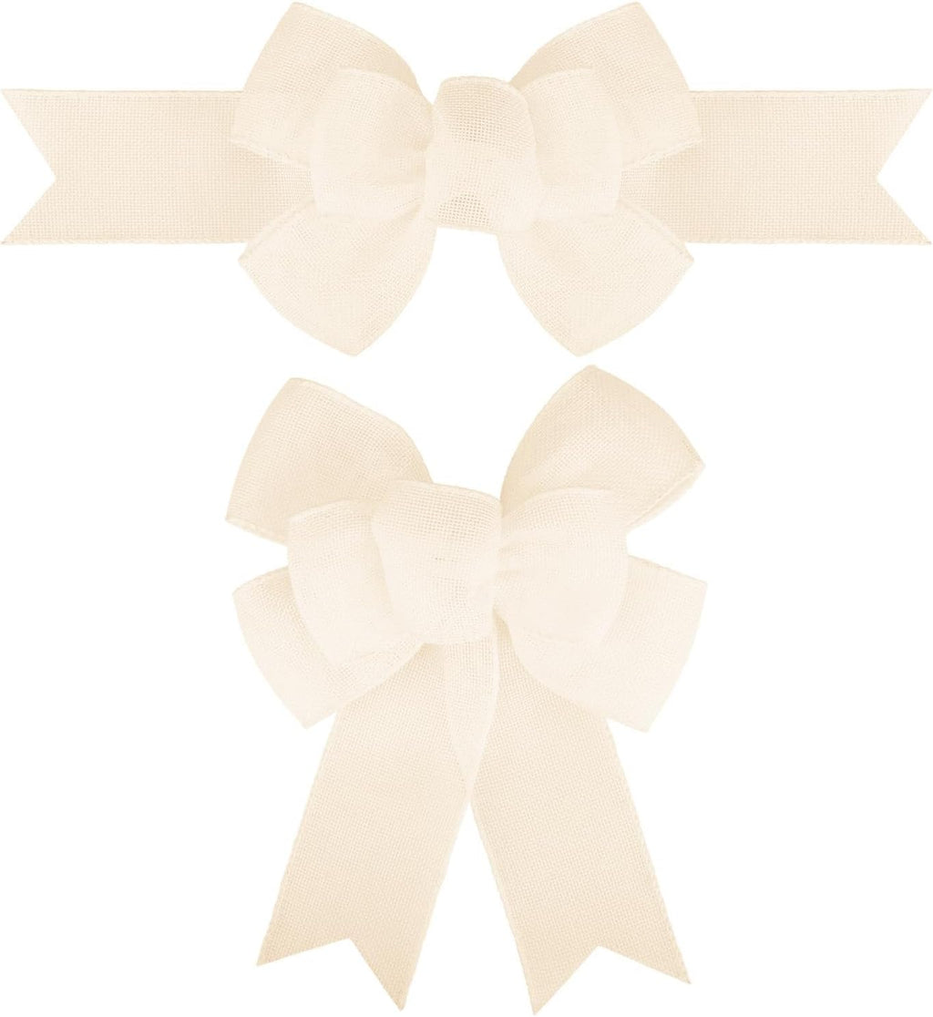 Meseey Natural Cream Burlap Wired Ribbon - Handmade Premade Bows for Wreaths & Gift Wrapping | 2 Pcs Set