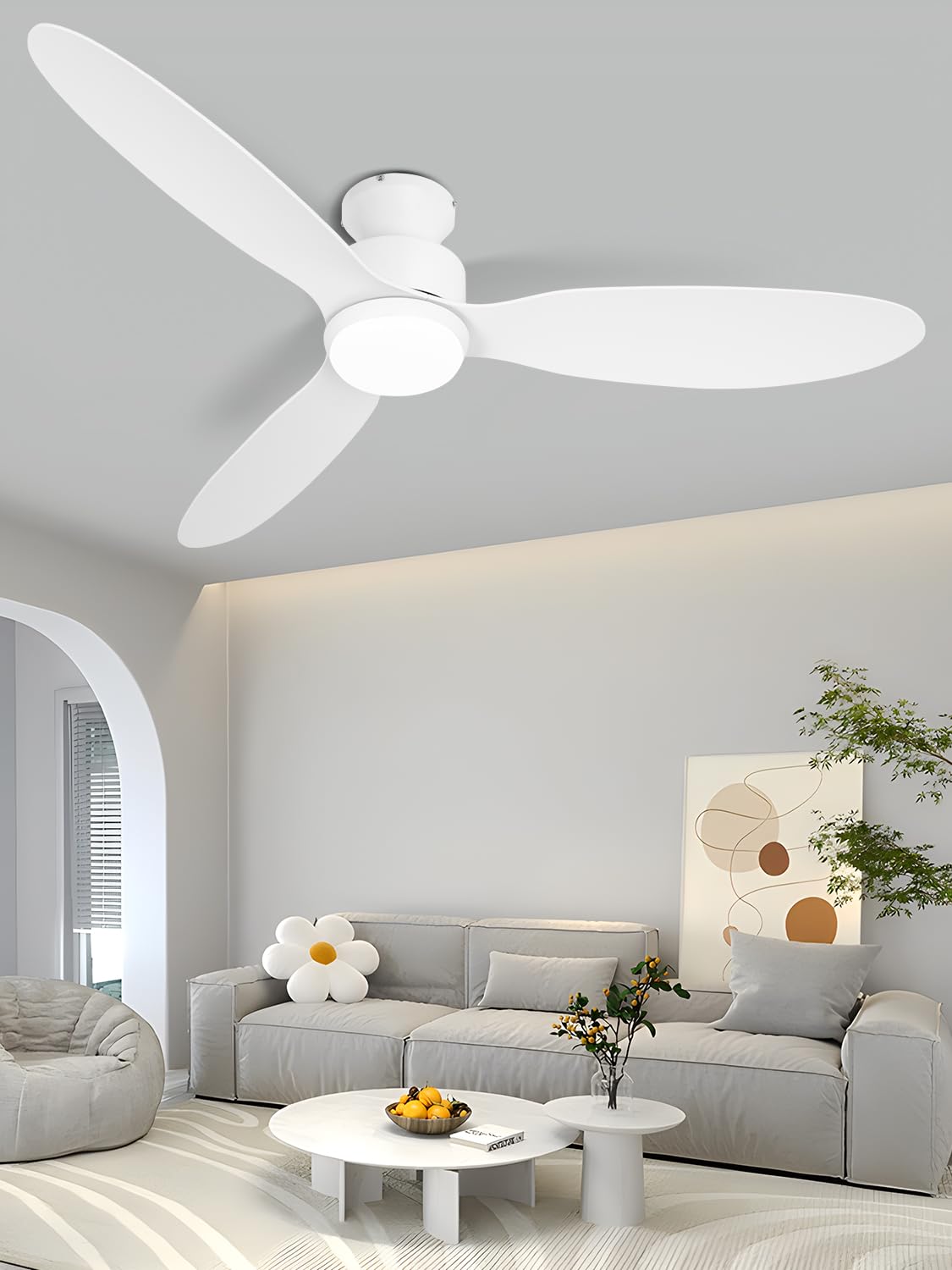 OUATER 52 inch Ceiling Fan with Light and Remote, Flush Mount Low Profile Ceiling Fans with Remote, 3 Color Light, 6 Speed, DC Motor, (ABS, Classic White)