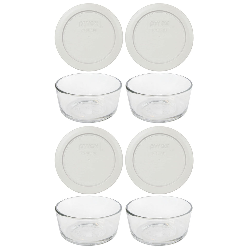 Pyrex 7200 2 Cup Glass Bowls & 7200-PC Sleek Silver Food Storage Replacement Lids (4-Pack) - Made in USA