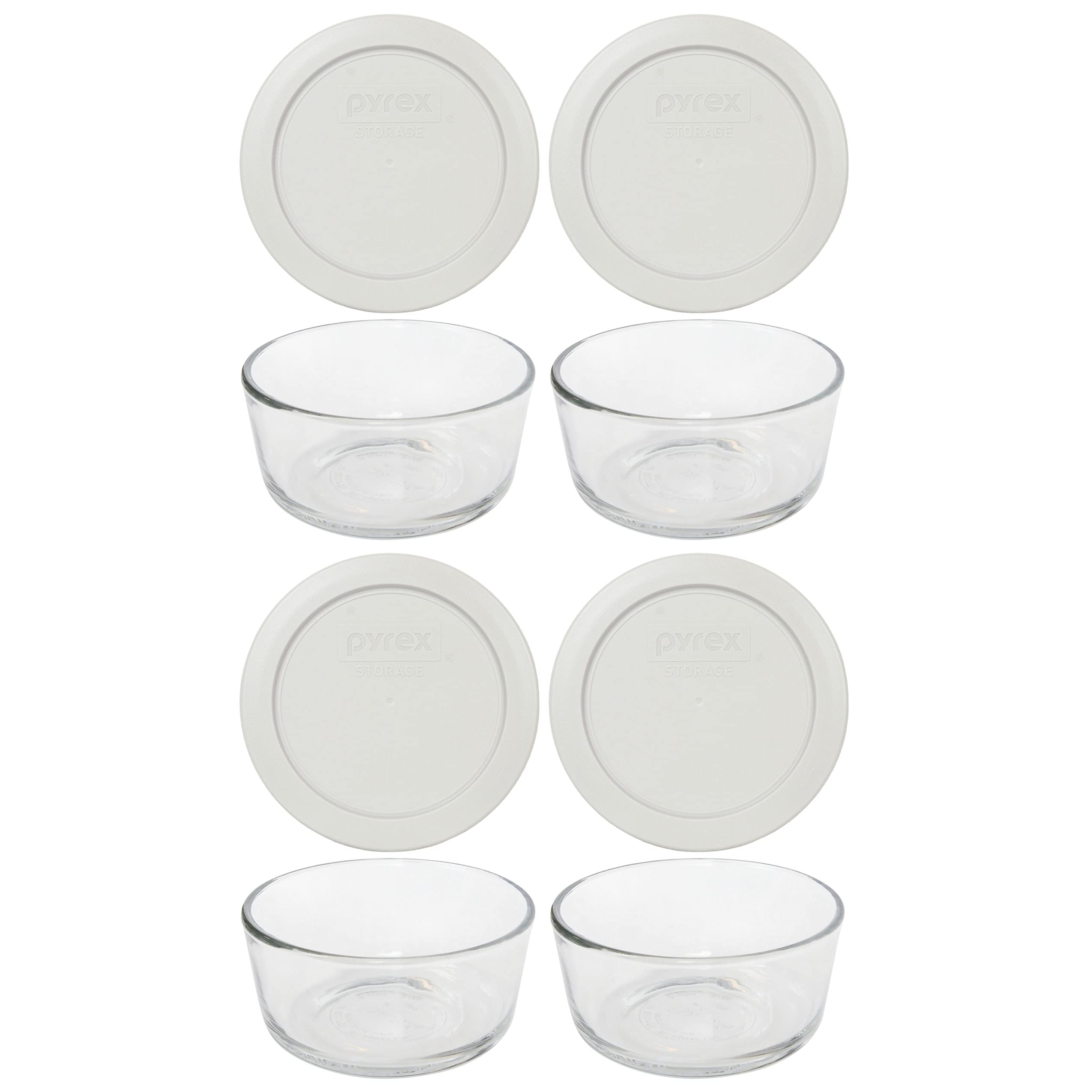 Pyrex 7200 2 Cup Glass Bowls & 7200-PC Sleek Silver Food Storage Replacement Lids (4-Pack) - Made in USA