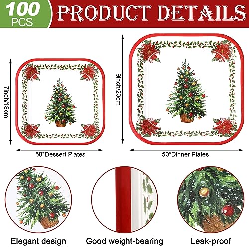 Christmas Paper Plates Disposable Set 100 Pcs Red Green Xmas Tree Design