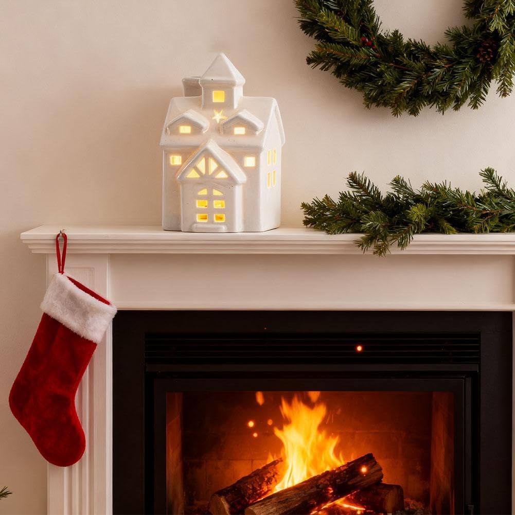 Skiennix Light Up Christmas Village House - White Ceramic Tabletop Decor for Winter Centerpiece