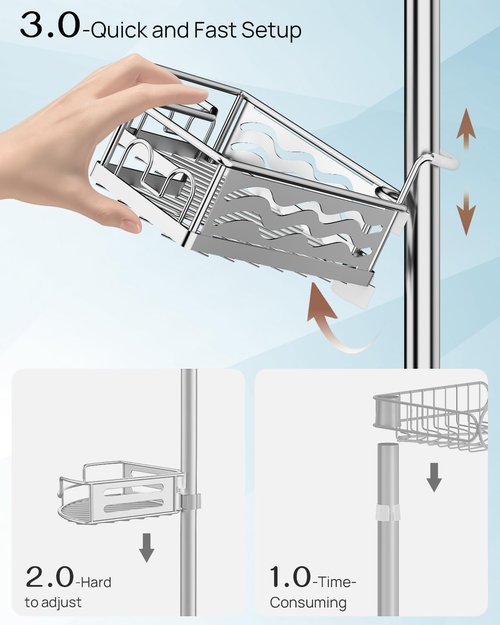 ALLZONE Corner Shower Caddy - Adjustable Tension Pole with 4 Baskets & Dual Hooks | Rust-Resistant Stainless Steel, 34-116 Inch