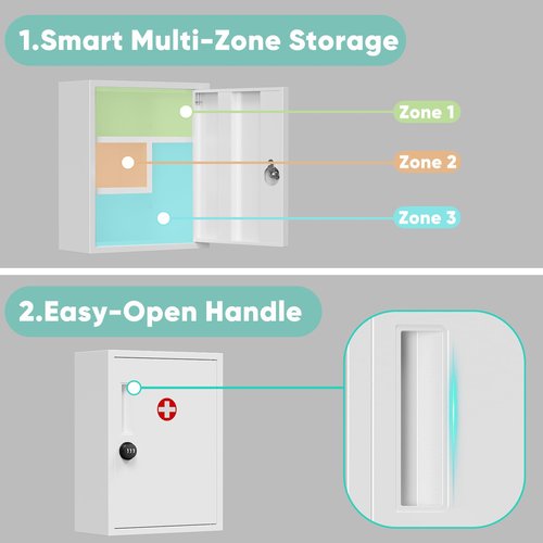 POKIPO Locking Medicine Cabinet, Empty Metal Medicine Storage Box Wall Mount with All-Metal Digit Lock Keyless, Bathroom Cabinet Organizer Over The Toilet, First Aid Box for Home School Business