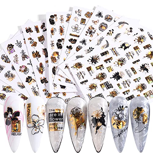 9 Sheets Laser Gold Nail Art Stickers 3D Floral Rose Leaf Decals