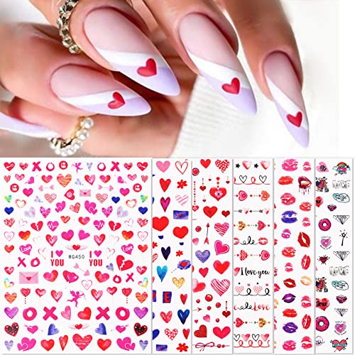 Valentine Hearts Nail Art Stickers 3D Self Adhesive Red Love Decals 6 Sheets