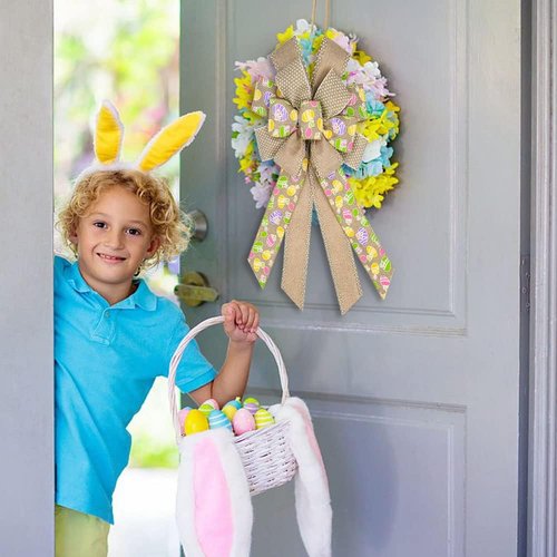 Estivaux Large Easter Wreath Bows - Flaxen Burlap Holiday Decorations for Indoor/Outdoor Use