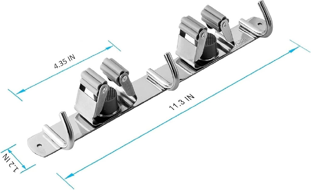 Skiennix Broom and Mop Holder - Wall Mounted Storage Rack with 2 Racks & 3 Hooks | Heavy-Duty Stainless Steel