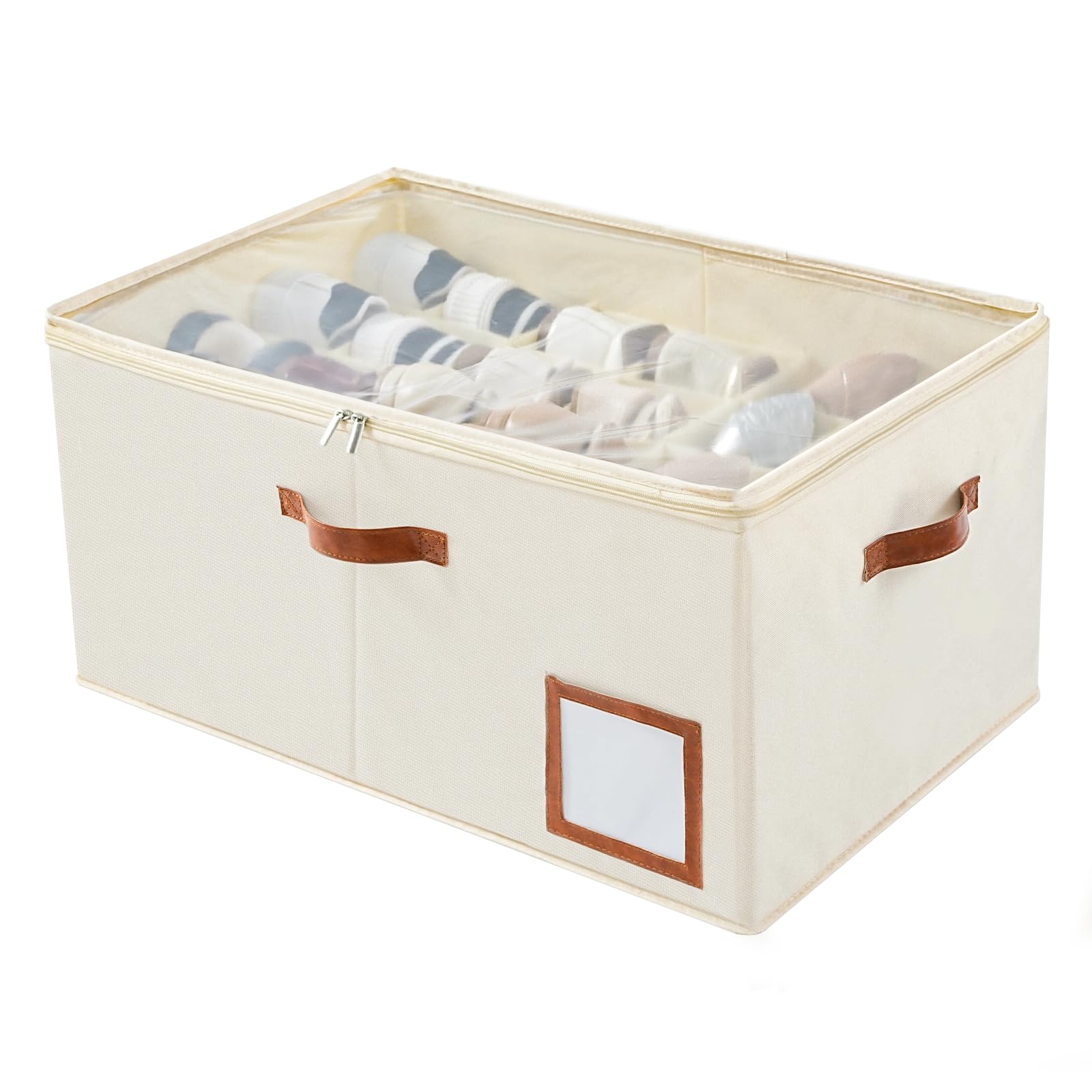 INSTY Shoe Organizer for Closet Fit 24 Pairs, Large Foldable Shoe Storage Containers Box Bin w/Adjustable Dividers and Clear Cover, Space Saving Shoe Storage Organizer Box, Beige