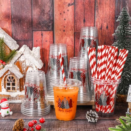 Christmas Tree Plastic Cups with Lids & Straws - Red & Black Holiday Party Supplies - 12oz - Variation of THIS listing