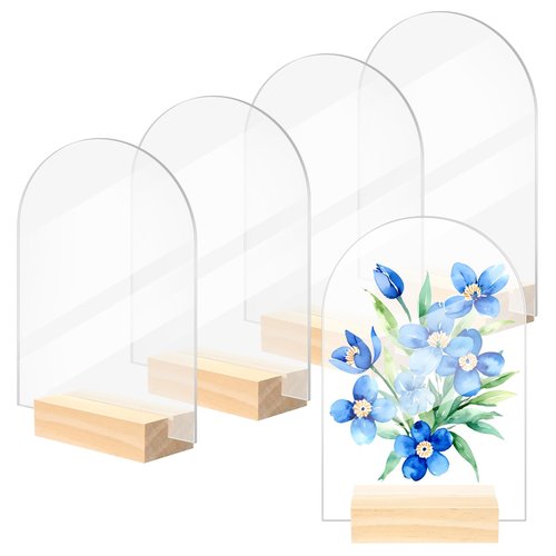 Bercoor 5 Pack 4x6 Inch Blank Clear Arch Acrylic Sign with Wooden Stands, Arched Round Top Acrylic Sheet, DIY Acrylic Arch Table Numbers for DIY Name Card Gifts Event Party Sign Decoration