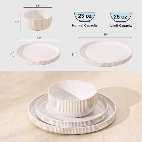 Frewinky Stoneware Dinnerware Sets for 4,12 Piece Kitchen Plates and Bowls Set,Reactive Glaze Porcelain Dinnerware Sets Scratch Resistant,Dishwasher and Microwave Safe,White