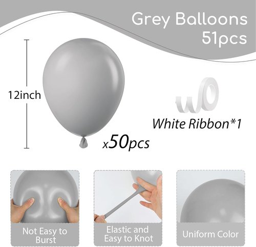 Gray Balloons - 12-Inch Grey Latex Party Balloons | 50pcs for Birthday, Baby Shower & Wedding Decor