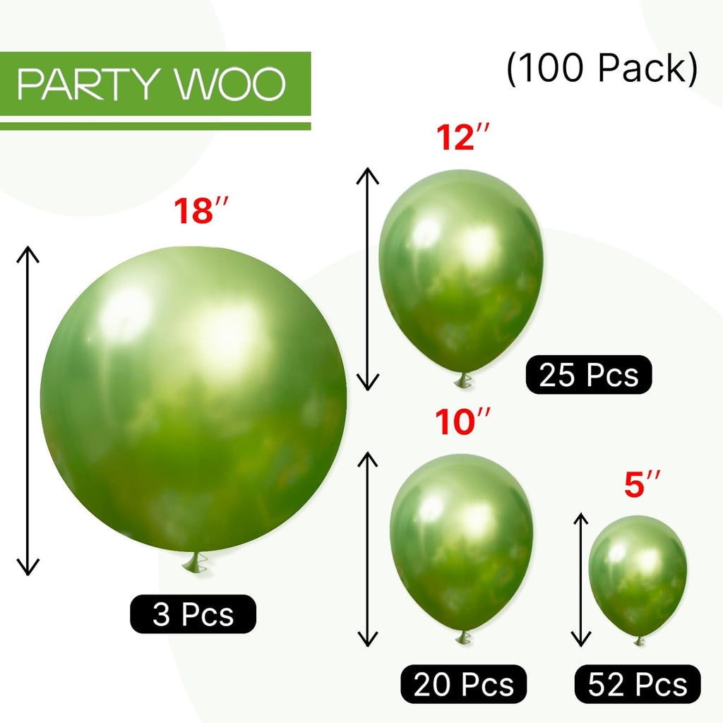 PartyWoo Metallic Green Balloons - 100pcs in Various Sizes for Graduation & Wedding Decor