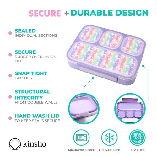 kinsho Bento-Box Lunch-Boxes for Kids, Girls, Lunch and Snack Containers for Toddler Daycare, School, Travel BPA-Free, 4 Divided Compartments Utensils (Purple Rainbow Unicorn, 2 Pack)