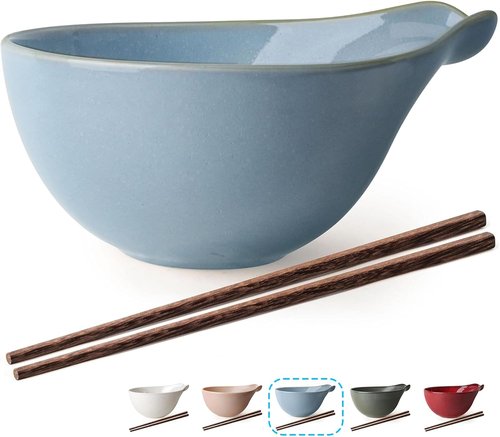 Artena Ramen Bowl Set - 42oz Ceramic Noodle Bowl with Chopsticks | Dishwasher & Microwave Safe, Blue Gourd Design