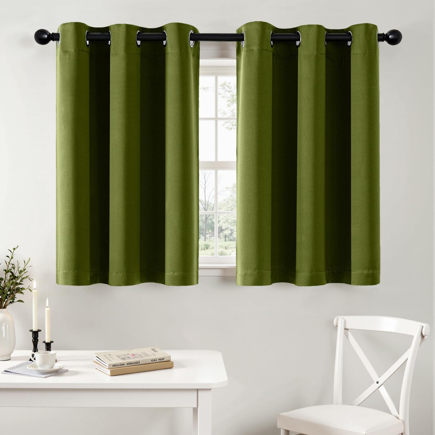 MIULEE Short Curtains - Light Olive Green Blackout Thermal Insulated Drapes | 2 Panels 40"x36" for Kitchen & Bedroom