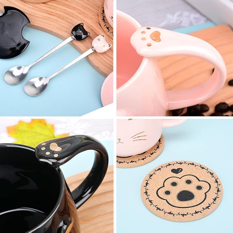 Pink Ceramic Cat Mug with Stainless Steel Spoon - 13 oz Handmade Gift (Variation: Black)