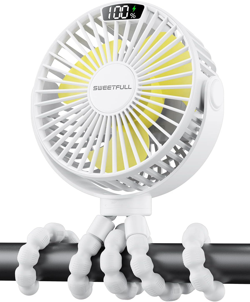 Sweetfull Portable Stroller Fan - 4-Speed Rechargeable Mini Clip-On Fan with LED Display | 360° Rotation, Ideal for Baby Travel (White)