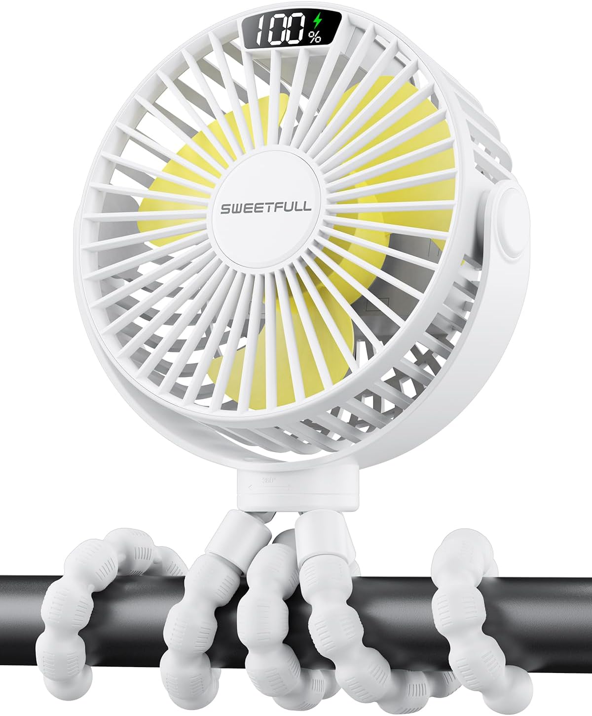 Sweetfull Portable Stroller Fan - 4-Speed Rechargeable Mini Clip-On Fan with LED Display | 360° Rotation, Ideal for Baby Travel (White)