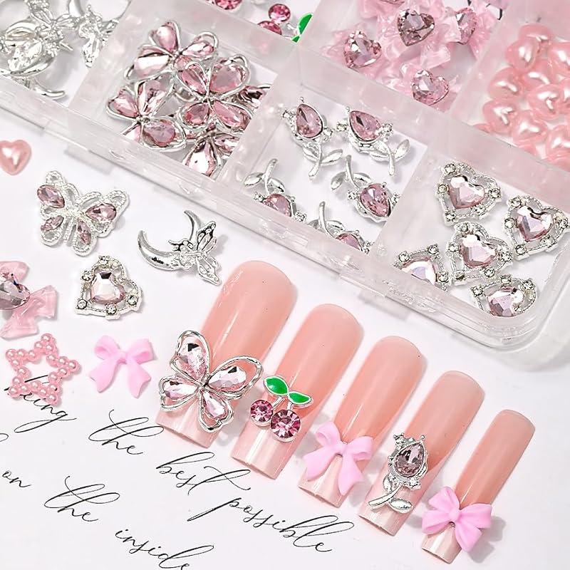 110Pcs Pink Bow Flower Nail Charms Rhinestone 3D Alloy Art Decor