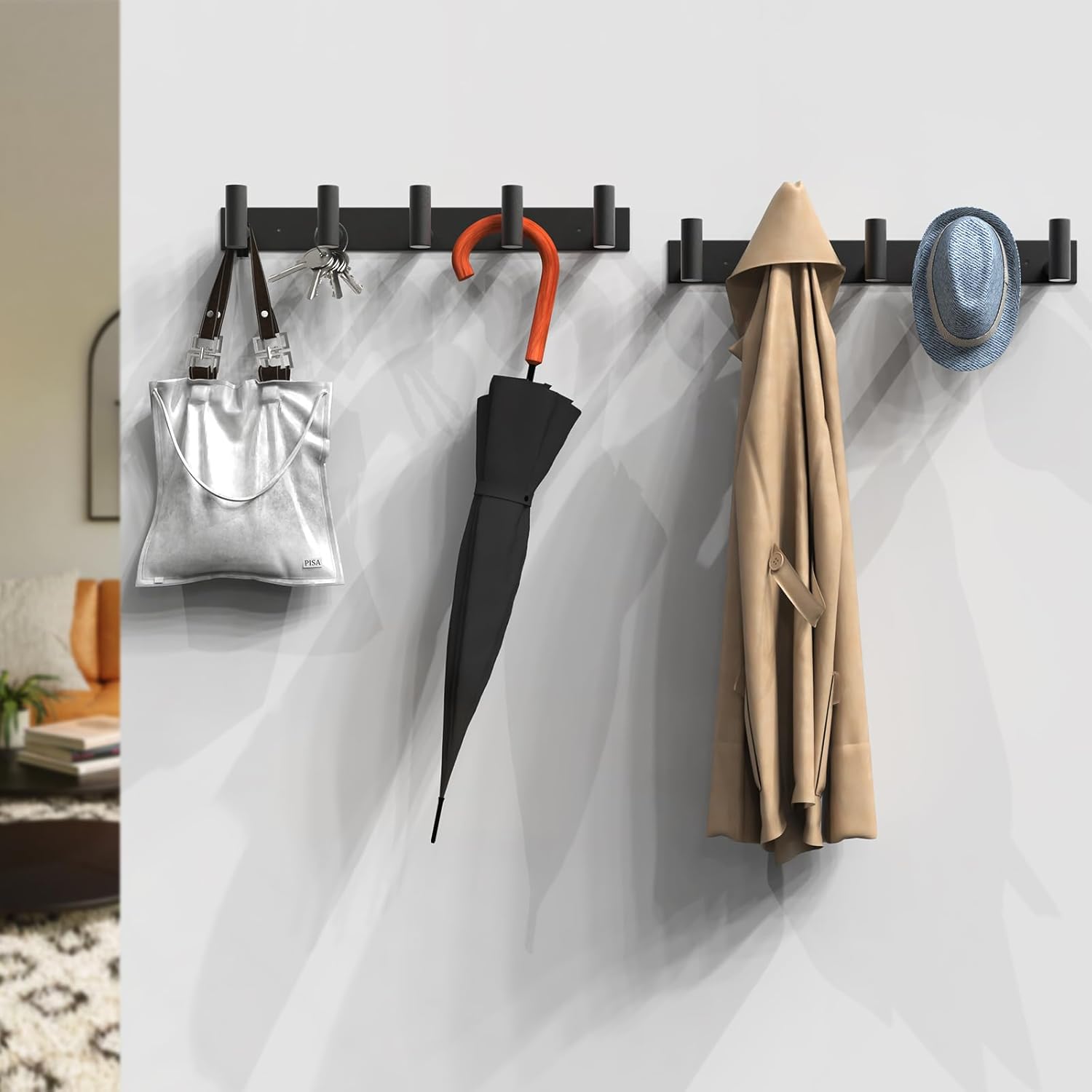 VAEHOLD Wall Mount Rack - 5 Hook Black Hat and Coat Organizer for Robes, Bags, Keys, Towels