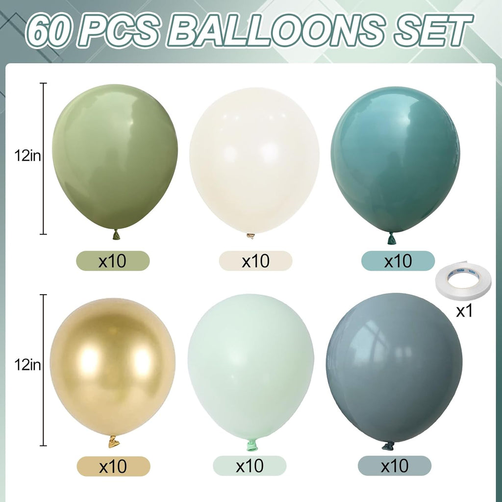 Sage Green & Blue Balloons - 60 PCS 12 Inch Dusty Green, Blue, Sand & Gold for Baby Shower | Wedding Decor