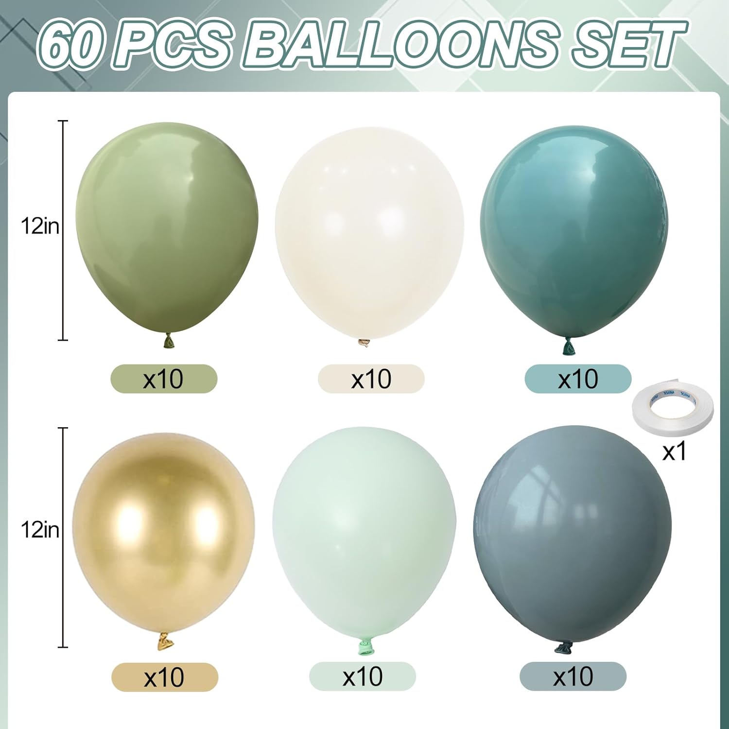 Sage Green & Blue Balloons - 60 PCS 12 Inch Dusty Green, Blue, Sand & Gold for Baby Shower | Wedding Decor