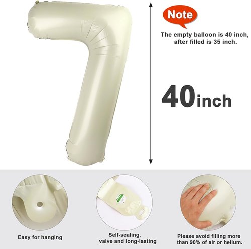 7 Balloon Numbers by Party Essentials | 40-Inch Cream White Birthday Decor for Ages 7, 17, 27, 70