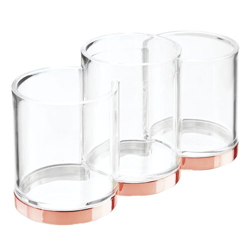 mDesign Practical Makeup Storage – Decorative Makeup Box for Brushes and Mascara – Make Up Display with 3 Compartments – Transparent and Red Gold