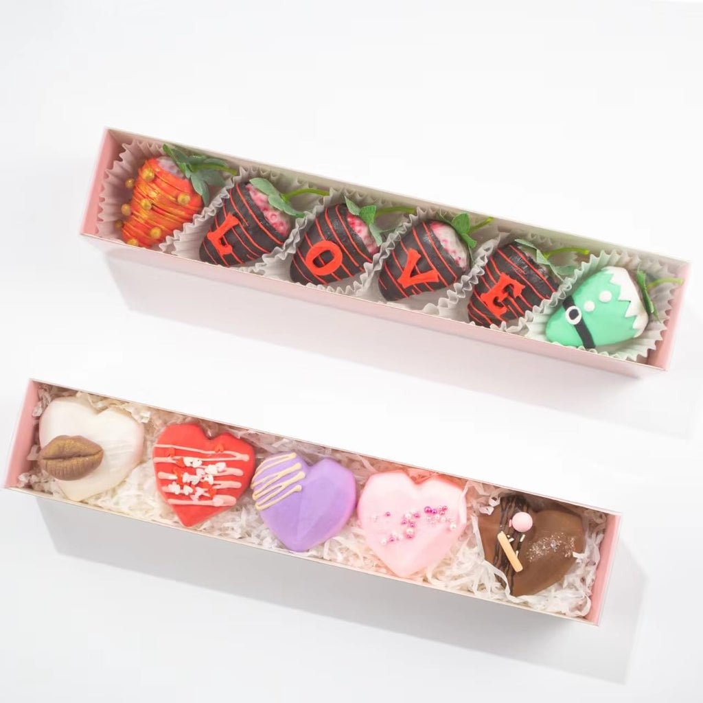 Romantic Baking 50 Pack Long Chocolate Covered Strawberry Macaron Truffle Cocoa Bomb Cookies Bakery Boxes (12x2x2 Inches)