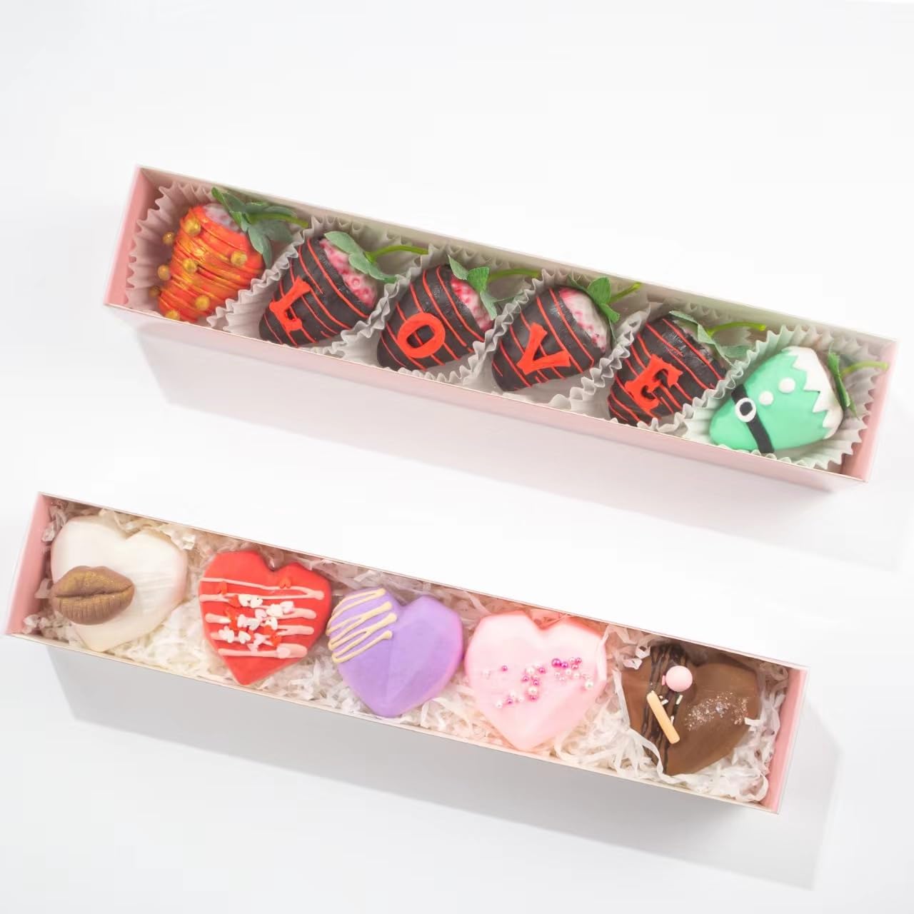 Romantic Baking 50 Pack Long Chocolate Covered Strawberry Macaron Truffle Cocoa Bomb Cookies Bakery Boxes (12x2x2 Inches)